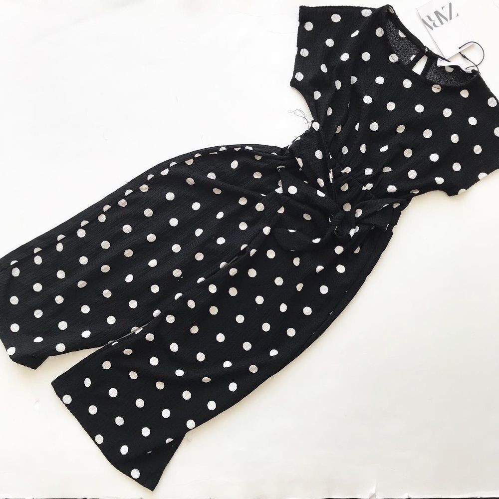 New Zara 6Y Jumpsyit Black White Polka Dot Textured Short Sleeve Wide Leg